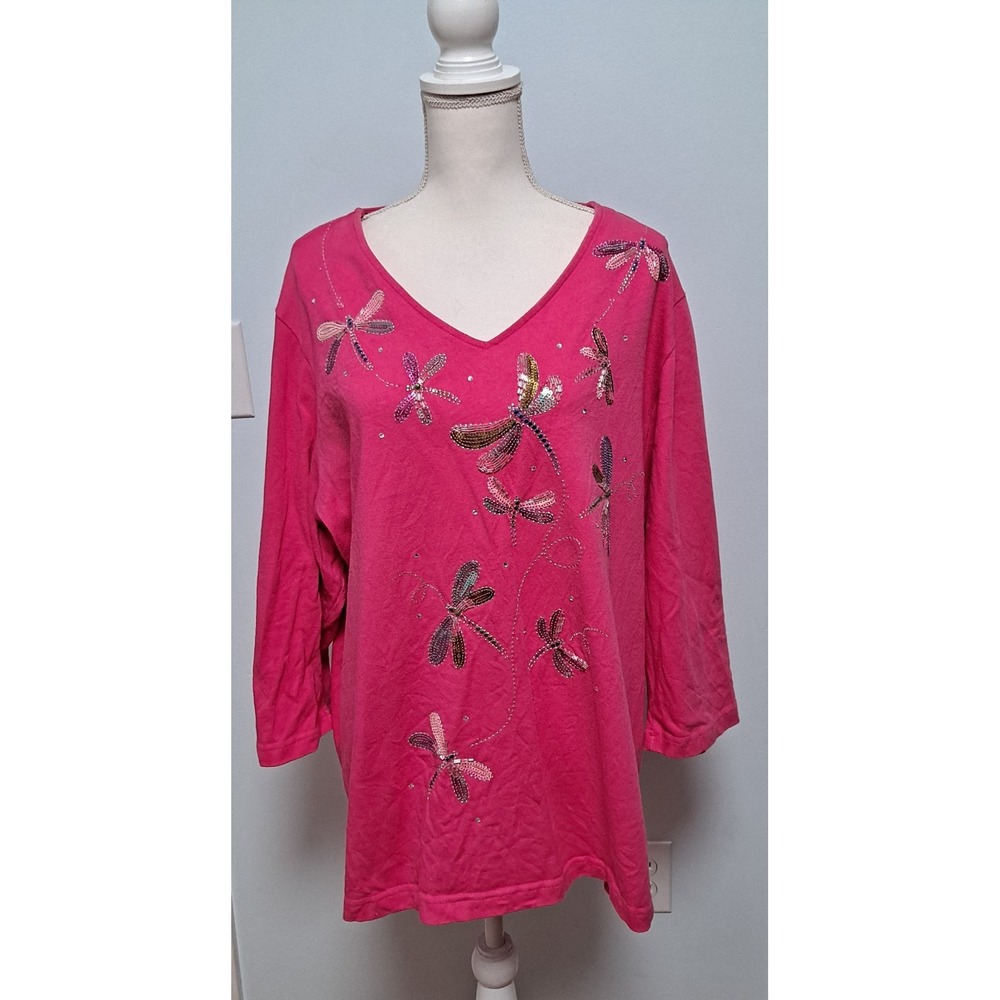 Vtg Quacker Factory Dragonflys  Embroidered Rhinestones Pink Shirt Sz 3X READ